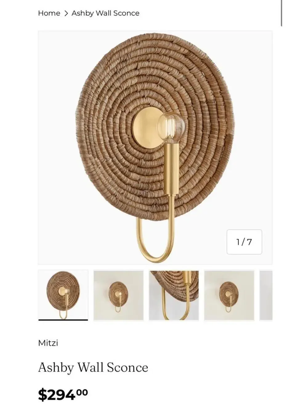 Mitzi Ashby Wall Sconce Rattan Wicker Aged Brass Boho Light Fixture 1 Light